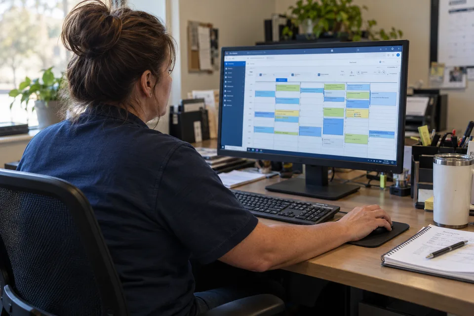 Office administrator reviewing a schedule on a desktop computer