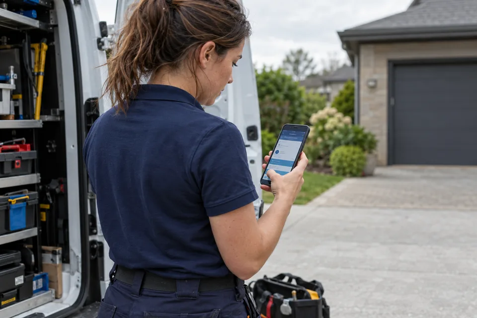 Technician checking a smartphone beside a parked service van
