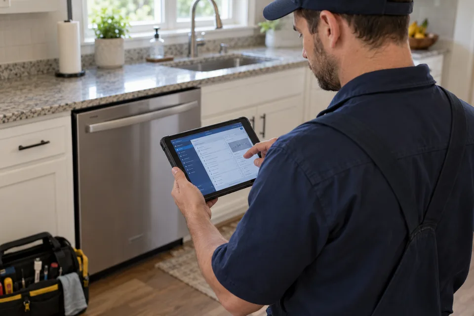 Appliance technician reviewing a tablet beside a dishwasher